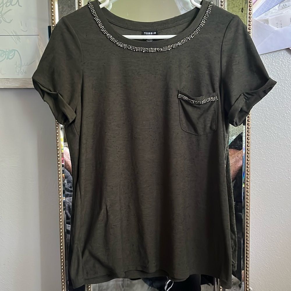 Torrid Olive Short Sleeve Tee with Embellished Neckline